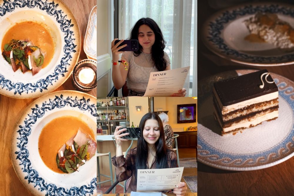 Colagem de seis fotos: duas de pratos de comida, duas de mulheres sorrindo segurando cardápios e celulares, e duas de sobremesas. Os pratos têm bordas azuis e brancas