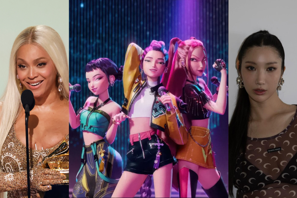 Beyoncé sorrindo com um Grammy, três avatares femininos de K-pop no palco e uma mulher asiática com blusa transparente