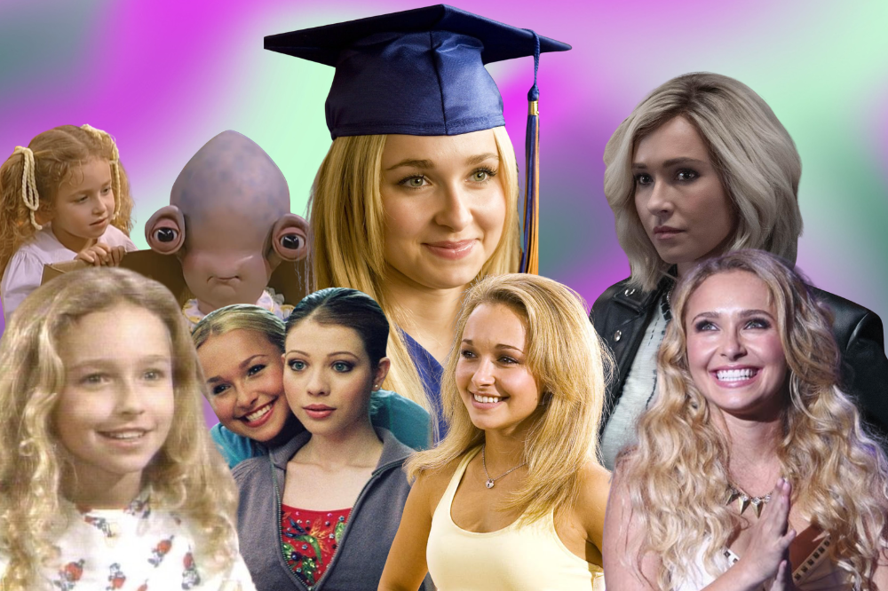 Colagem de fotos da atriz Hayden Panettiere em diferentes fases da vida e carreira, incluindo como criança, adolescente e adulta, com cabelos loiros e variadas expressões, em diversos cenários e figurinos, como formatura e tapete vermelho
