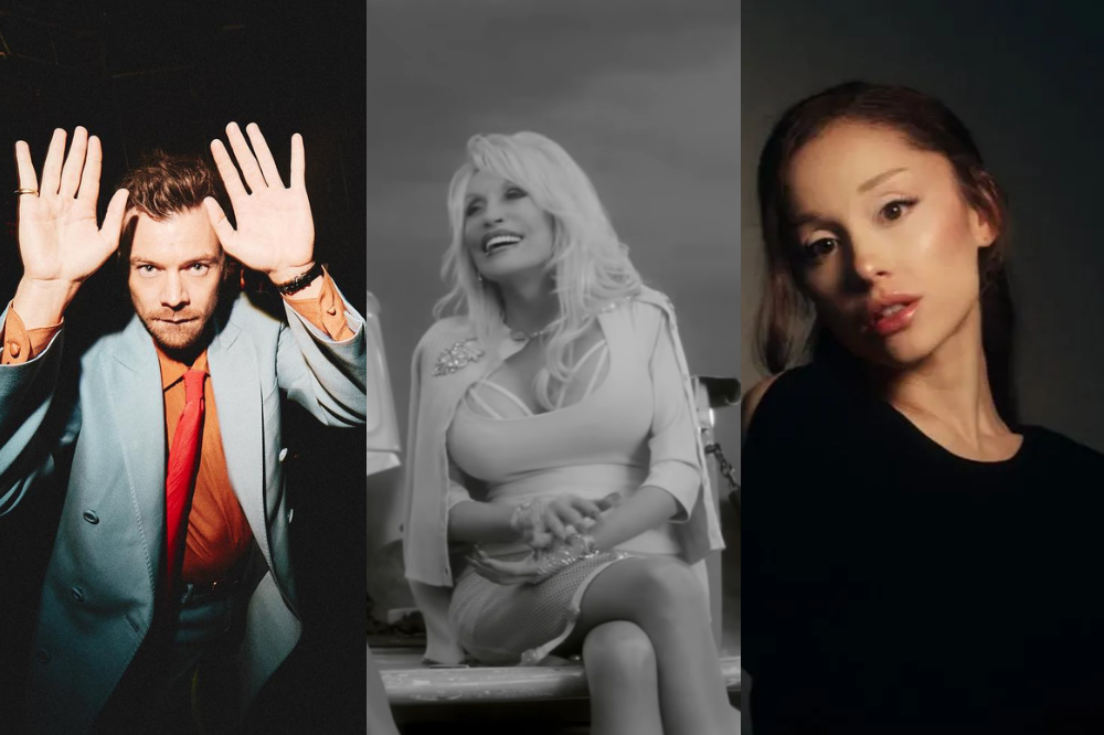 Três cantores em colagem: à esquerda, homem de terno azul e camisa laranja com gravata vermelha, mãos levantadas; ao centro, Dolly Parton sorrindo, em preto e branco, com roupa clara e joias; à direita, Ariana Grande com cabelo escuro, blusa preta, olhando para a câmera