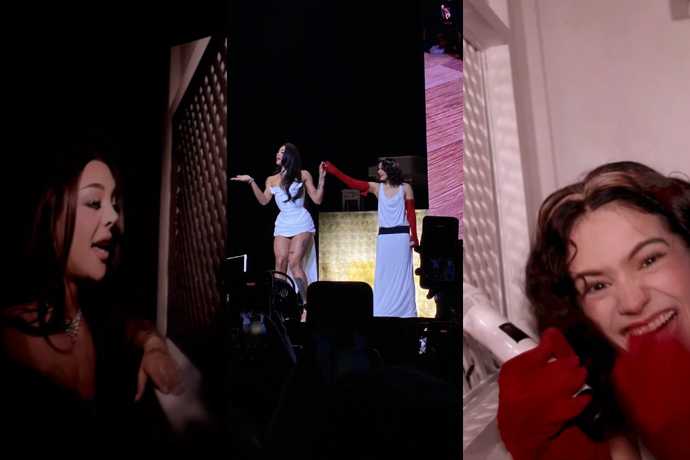 Montagem de três fotos: à esquerda, uma mulher de cabelo escuro e colar brilhante canta em um palco escuro; ao centro, duas mulheres em palco, uma de vestido curto e outra longo com luvas vermelhas; à direita, uma mulher sorridente com luvas vermelhas e cabelo castanho-claro segura um secador de cabelo