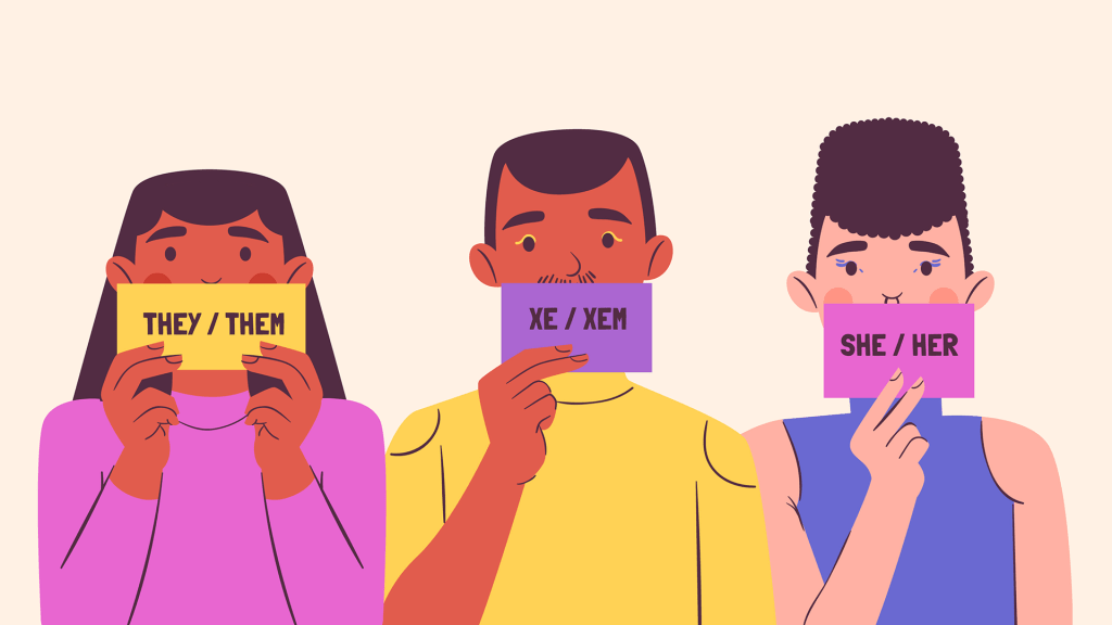 Três pessoas ilustradas seguram cartões com pronomes. Da esquerda para a direita: uma pessoa de cabelo escuro e blusa roxa segura um cartão amarelo com THEY / THEM. Ao centro, uma pessoa de bigode e blusa amarela segura um cartão roxo com XE / XEM. À direita, uma pessoa de cabelo curto e blusa azul segura um cartão rosa com SHE / HER