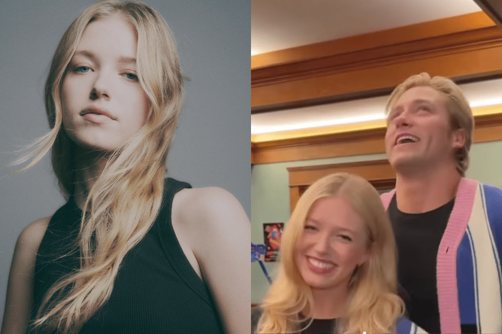 Duas imagens lado a lado. À esquerda, uma mulher loira de cabelos longos e soltos, vestindo regata preta, olhando para frente com expressão séria. À direita, a mesma mulher sorrindo, ao lado de um homem loiro com camisa preta e cardigã azul e rosa, olhando para cima com a boca aberta, em um ambiente interno com detalhes de madeira