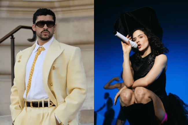 Bad Bunny de terno creme e óculos escuros, e Rosalía agachada com microfone e chapéu preto, em fundo azul