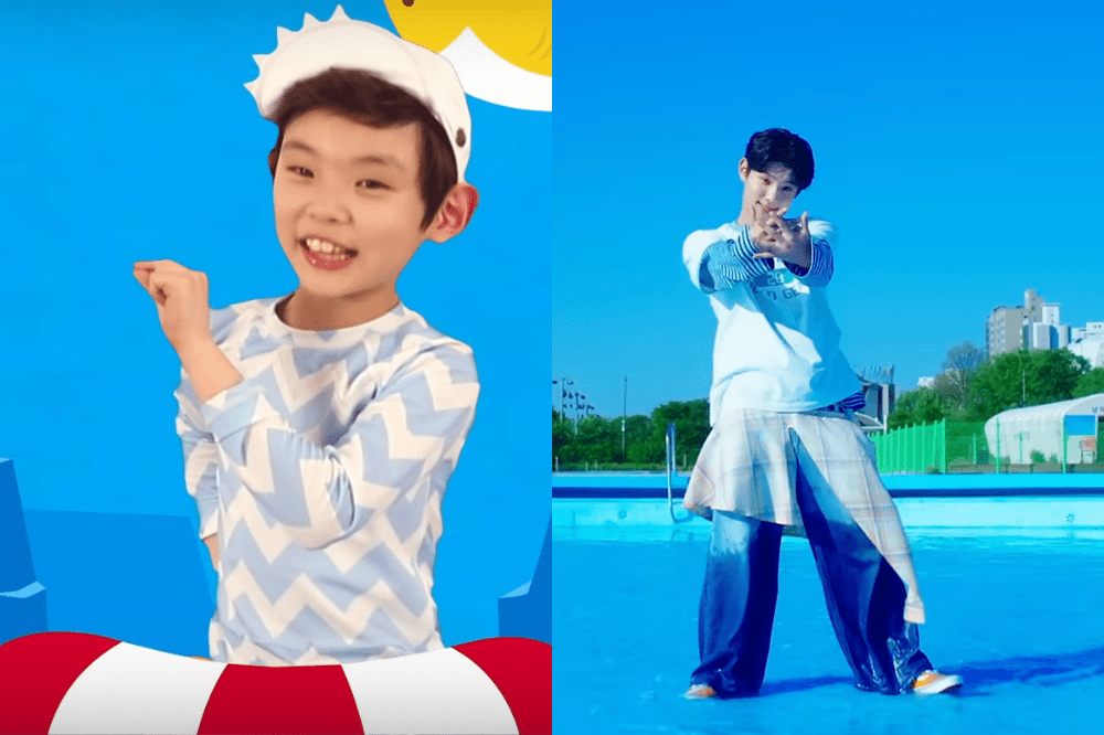 Duas imagens lado a lado: à esquerda, um menino asiático sorridente com chapéu de tubarão e camiseta azul e branca; à direita, um jovem asiático dançando em uma piscina vazia com roupas largas e coloridas