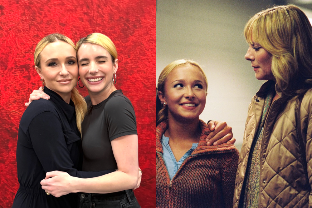 Duas imagens lado a lado. À esquerda, Hayden Panettiere e Emma Roberts se abraçam sorrindo, com fundo vermelho. À direita, Hayden Panettiere jovem sorri para uma mulher loira mais velha, que a abraça, em cena de filme