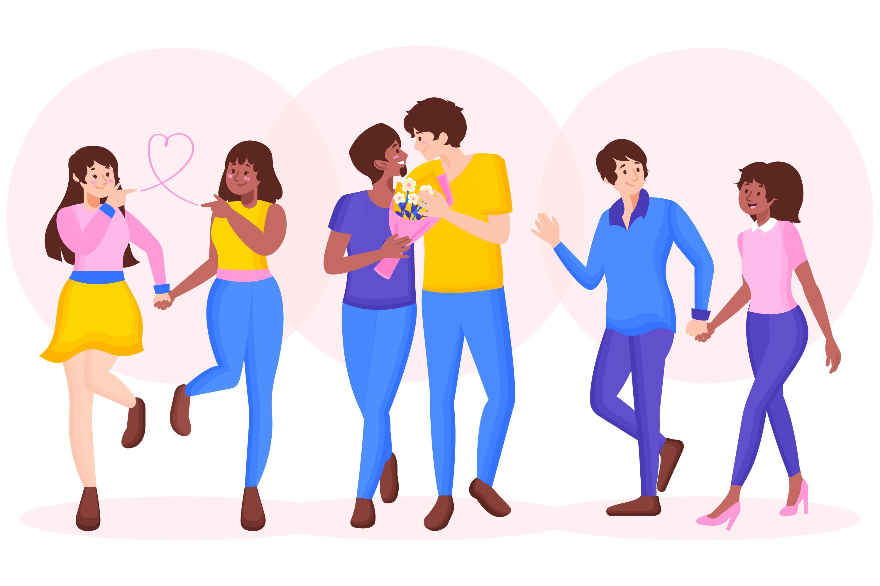 Três casais diversos em poses alegres. À esquerda, duas mulheres de mãos dadas, uma apontando para um coração rosa flutuante. No centro, um homem entrega um buquê de flores a uma mulher, ambos sorrindo. À direita, um homem e uma mulher de mãos dadas, caminhando felizes