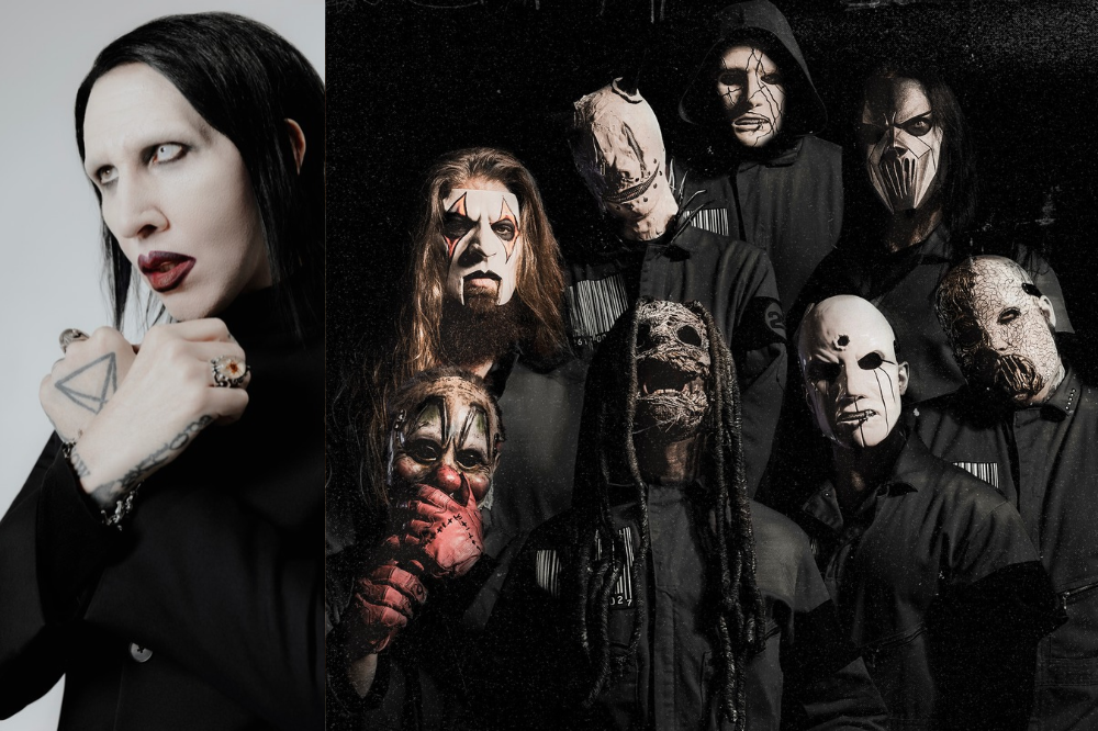 Marilyn Manson com maquiagem pálida e batom escuro à esquerda, e à direita, sete membros da banda Slipknot com máscaras e roupas escuras