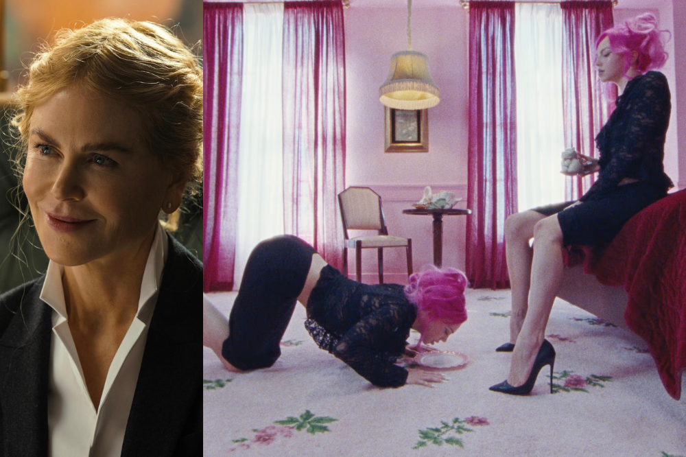 Nicole Kidman sorrindo, em close, com cabelo loiro preso e vestindo blazer preto sobre camisa branca. À direita, cena de quarto rosa com duas mulheres: uma de peruca rosa e roupa preta, ajoelhada no chão, lambendo um prato; outra, também de peruca rosa e roupa preta, sentada na cama vermelha, segurando ovos