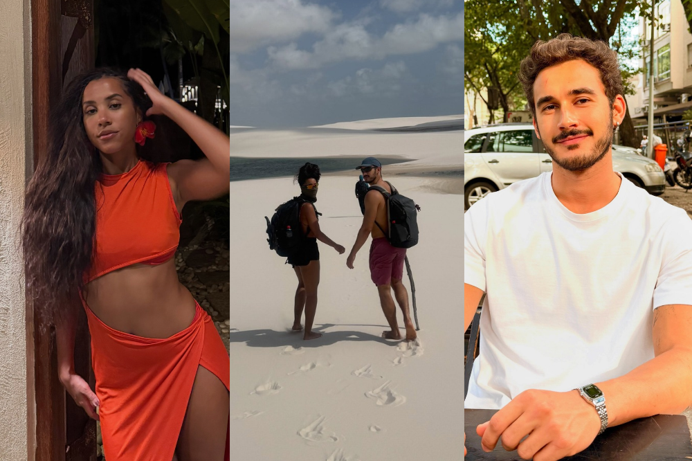 Três fotos lado a lado. À esquerda, mulher de vestido laranja com fenda, cabelo longo e flor vermelha no cabelo. Ao centro, duas pessoas de costas com mochilas, caminhando descalças em dunas de areia branca sob céu nublado. À direita, homem barbudo de camiseta branca sorrindo, sentado em área urbana