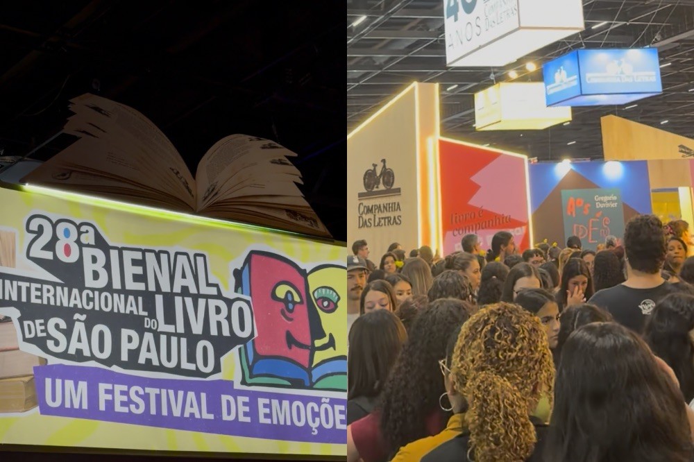 Banner da 28ª Bienal Internacional do Livro de São Paulo com um livro aberto no topo e uma multidão de pessoas em um estande da Companhia das Letras