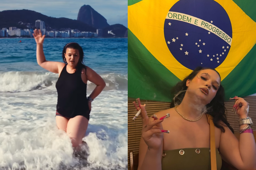 Duas imagens lado a lado de Lola Young no Rio de Janeiro, à esquerda no mar e à direita sentada em uma mesa com a bandeira do Brasil atrás.