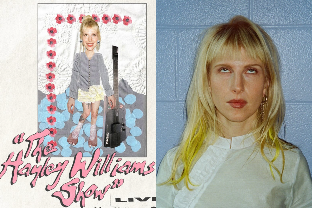 À esquerda, um pôster com uma colagem de Hayley Williams em miniatura segurando um teclado Casio, com o título The Hayley Williams Show. À direita, Hayley Williams com cabelo loiro e mechas amarelas, revirando os olhos para cima, vestindo uma blusa branca, contra uma parede azul