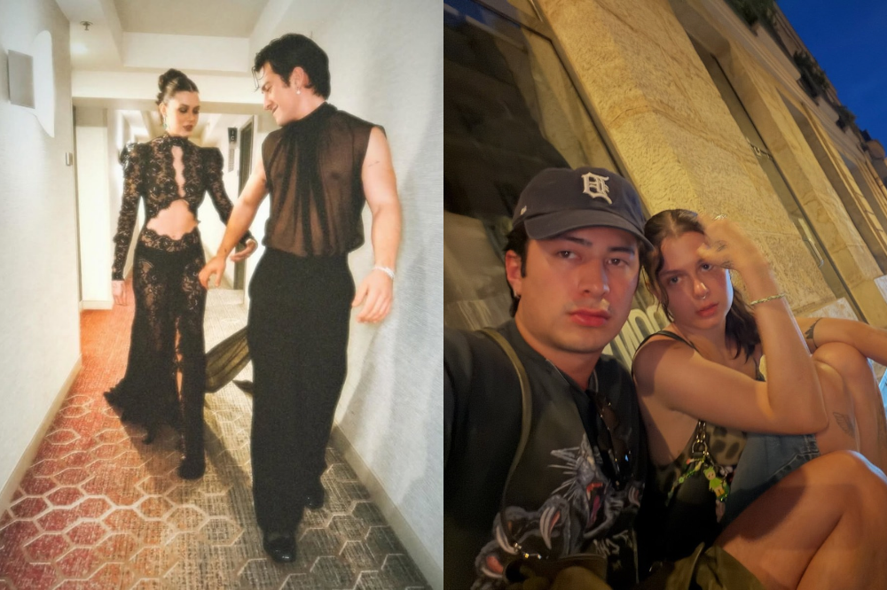 Duas fotos lado a lado. À esquerda, um casal caminha de mãos dadas em um corredor de hotel. A mulher usa um conjunto preto de renda com top cropped e calça, o homem veste uma blusa preta transparente e calça preta. À direita, um homem de boné e uma mulher com cabelo preso tiram uma selfie à noite, com um prédio antigo ao fundo