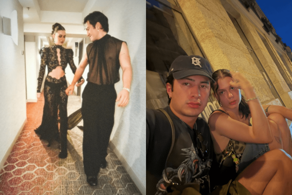 Duas fotos lado a lado. À esquerda, um casal caminha de mãos dadas em um corredor de hotel. A mulher usa um conjunto preto de renda com top cropped e calça, o homem veste uma blusa preta transparente e calça preta. À direita, um homem de boné e uma mulher com cabelo preso tiram uma selfie à noite, com um prédio antigo ao fundo