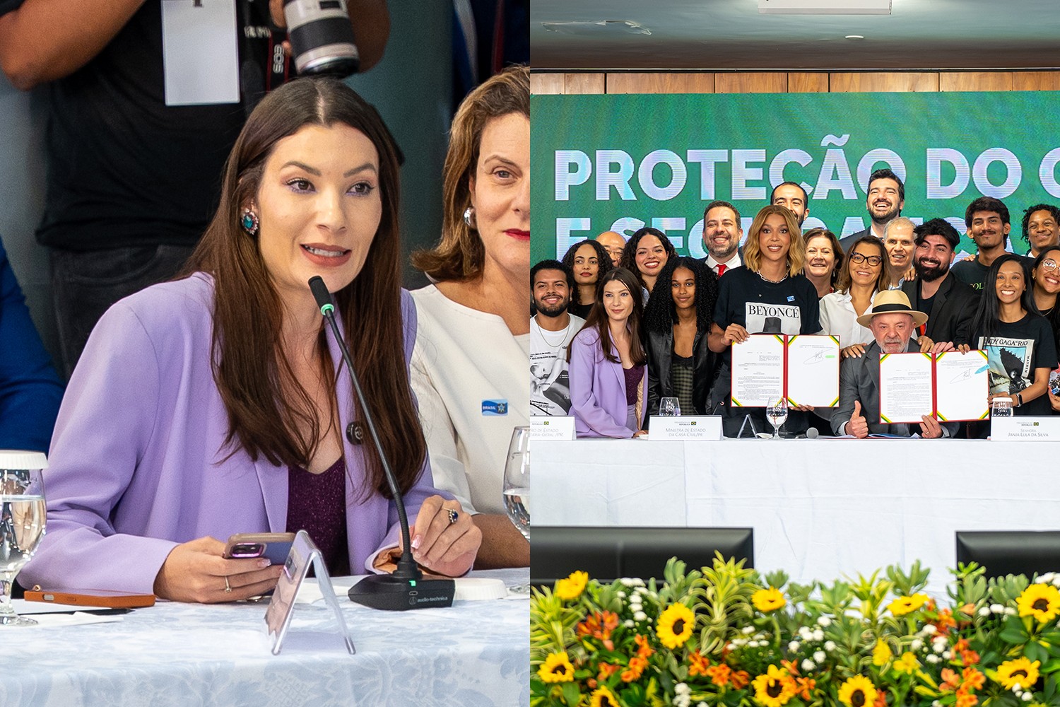 Mulher de blazer lilás fala ao microfone em evento, enquanto à direita, um grupo diverso de pessoas, incluindo o presidente Lula, posa com documentos assinados em frente a um painel verde com a palavra PROTEÇÃO