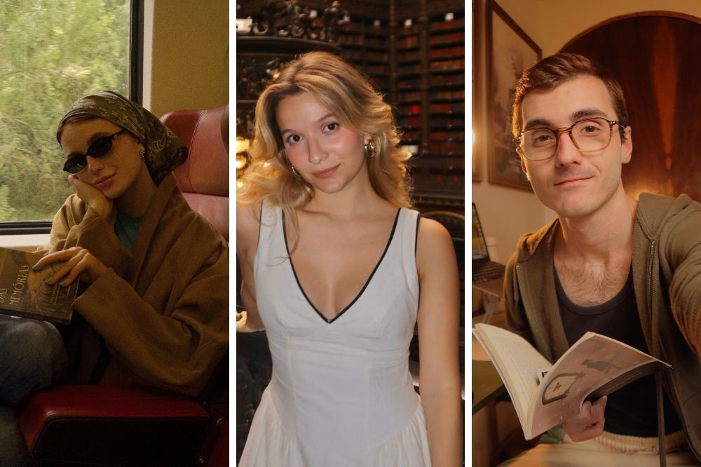 Três pessoas em colagens verticais: uma mulher de óculos escuros e lenço na cabeça lendo um livro em um trem; uma mulher loira sorrindo com vestido branco e decote V; um homem de óculos e moletom verde segurando um livro aberto