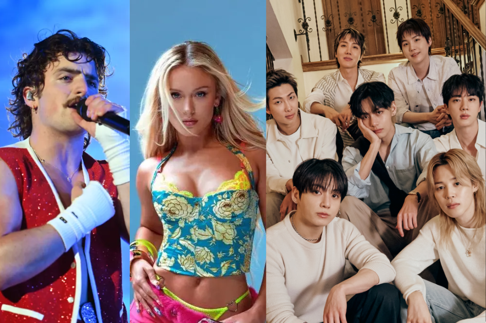 Colagem de três imagens: um cantor de bigode em show, uma mulher loira com top floral e o grupo BTS posando em escada