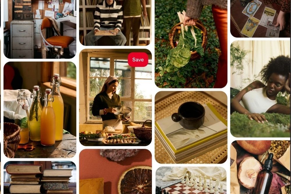 Colagem de fotos com temas de casa e bem-estar: escritório vintage, homem lendo, mulher colhendo vegetais, garrafas de suco, mulher cozinhando, xícara sobre livros, mulher negra deitada na grama, cartas de tarô, tabuleiro de xadrez, e produtos naturais