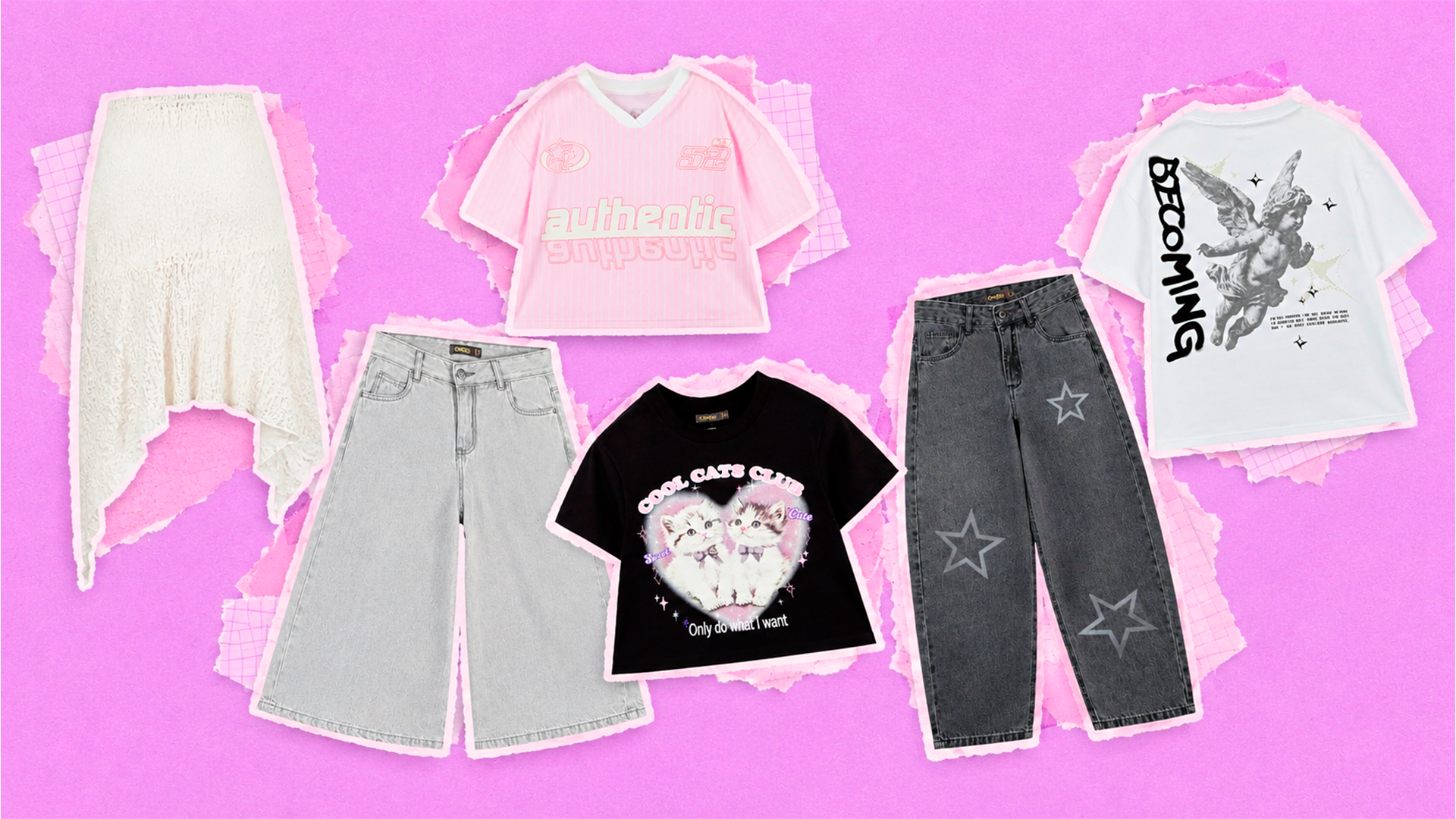 Variedade de roupas femininas sobre fundo rosa: saia creme assimétrica, calça jeans clara larga, camiseta rosa com authentic, camiseta preta com dois gatos e cool cats club, calça jeans escura com estrelas, e camiseta branca com anjo e becoming