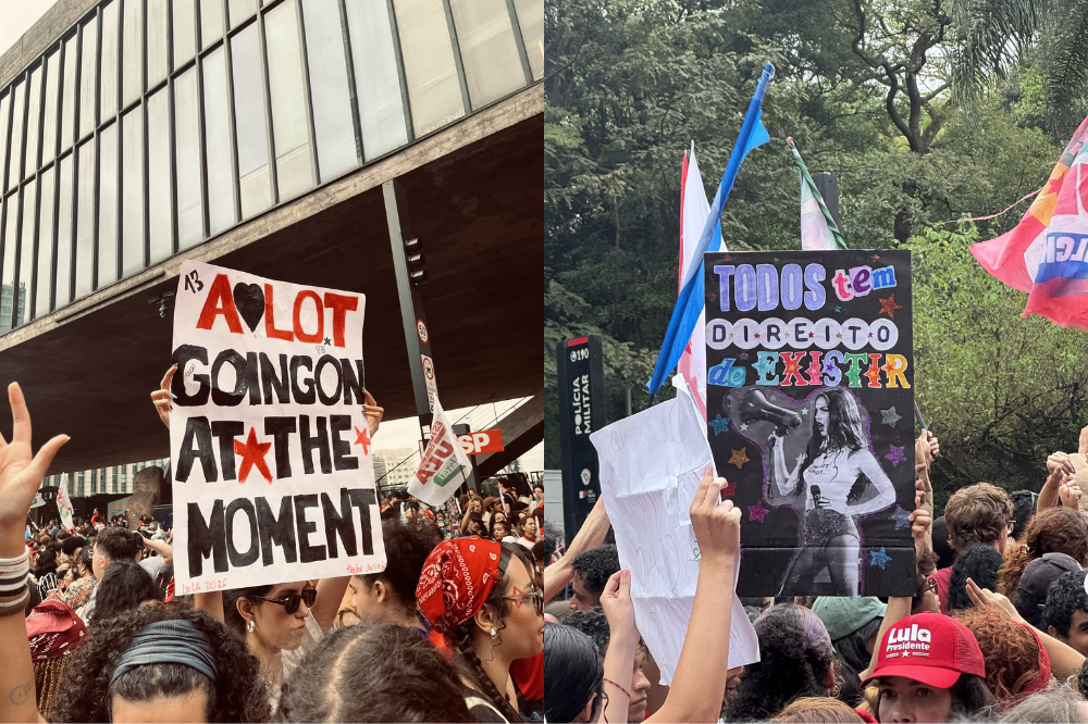 Duas imagens lado a lado de manifestações. À esquerda, pessoas seguram um cartaz branco com A LOT GOING ON AT THE MOMENT em preto e vermelho, com o MASP ao fundo. À direita, outro cartaz colorido com TODOS TEM DIREITO DE EXISTIR e uma mulher com megafone, em meio a uma multidão e árvores
