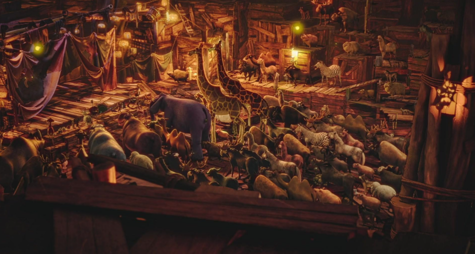 Interior de uma arca de madeira escura, iluminada por luzes quentes, com centenas de animais de diversas espécies, como girafas, elefantes, zebras e camelos, organizados em pares e grupos, ocupando todo o espaço