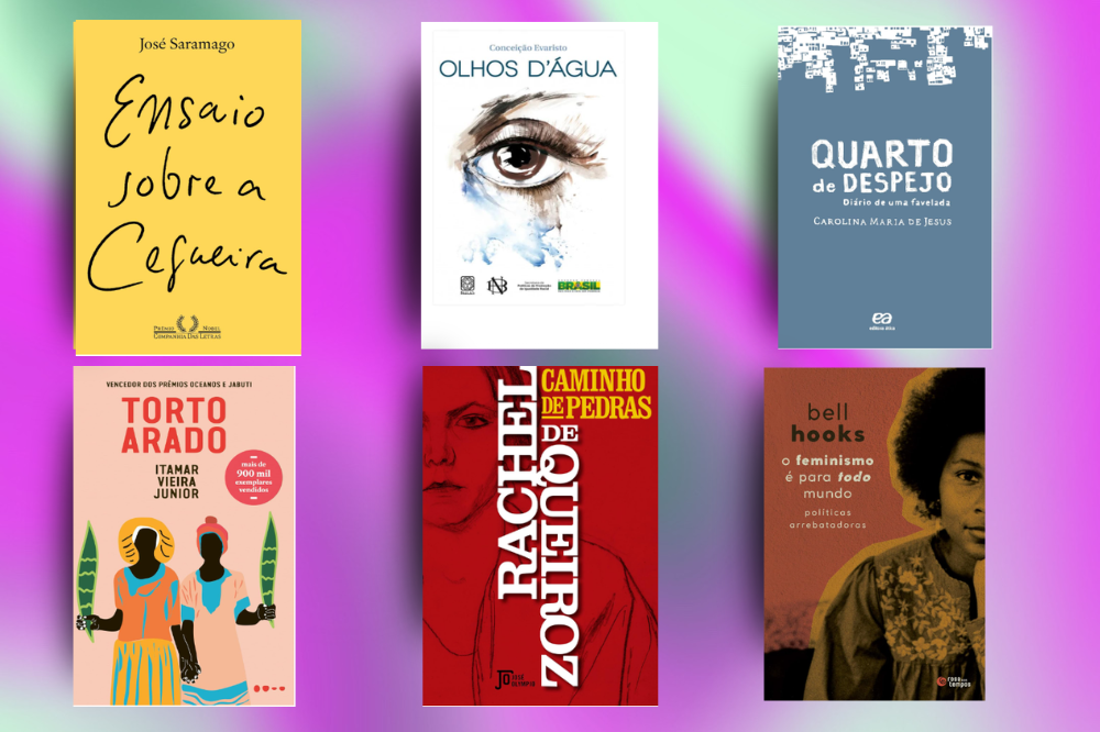 Seis capas de livros em duas fileiras sobre fundo roxo e verde. Na primeira fileira: Ensaio sobre a Cegueira, Olhos DÁgua, Quarto de Despejo. Na segunda: Torto Arado, Caminho de Pedras, O Feminismo é para Todo Mundo