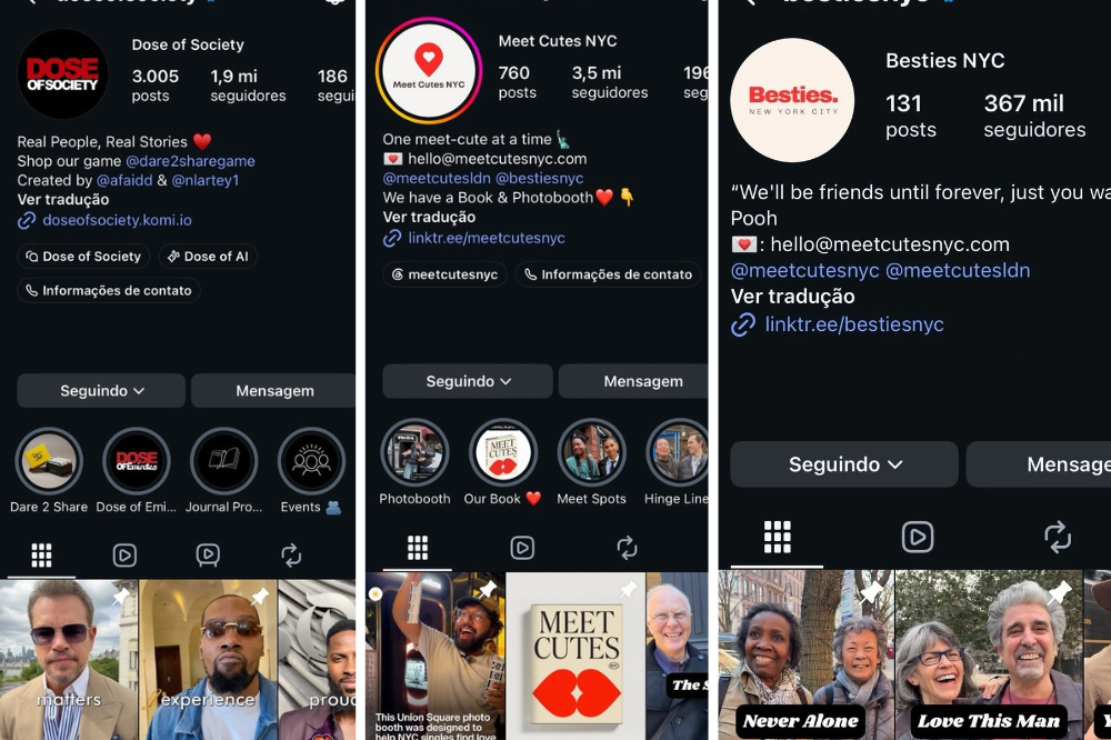 Três telas de perfis do Instagram em modo escuro, exibindo informações de Dose of Society, Meet Cutes NYC e Besties NYC, com fotos de perfil, número de posts e seguidores, links e destaques de stories