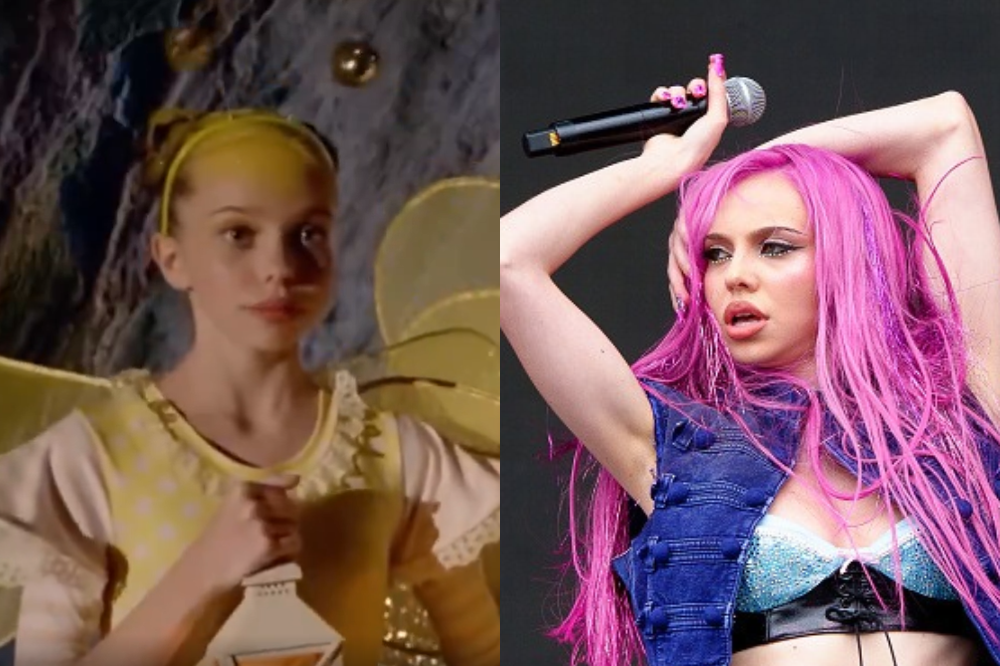Montagem com duas imagens: à esquerda, uma menina loira com tiara amarela, vestido amarelo e asas de fada, segurando uma lanterna. À direita, uma mulher com cabelo rosa vibrante, maquiagem forte, top azul brilhante e colete jeans, segurando um microfone acima da cabeça