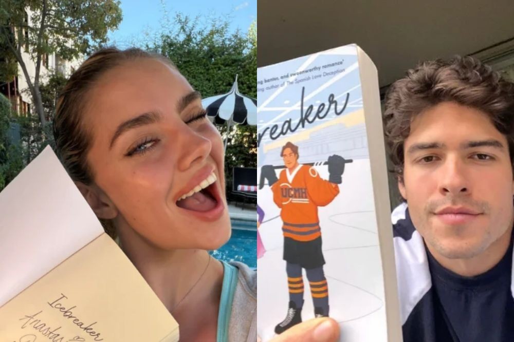 Montagem de duas fotos: à esquerda, uma mulher sorridente com olhos fechados e boca aberta, segurando um livro autografado. À direita, um homem de cabelo cacheado e jaqueta azul, segurando o livro Icebreaker com ilustração de um jogador de hóquei