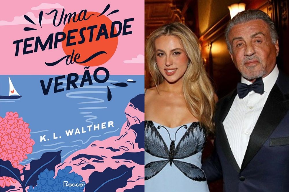 Capa do livro Uma Tempestade de Verão com paisagem marinha e o ator Sylvester Stallone ao lado de uma mulher jovem de cabelos loiros, ambos sorrindo em evento formal