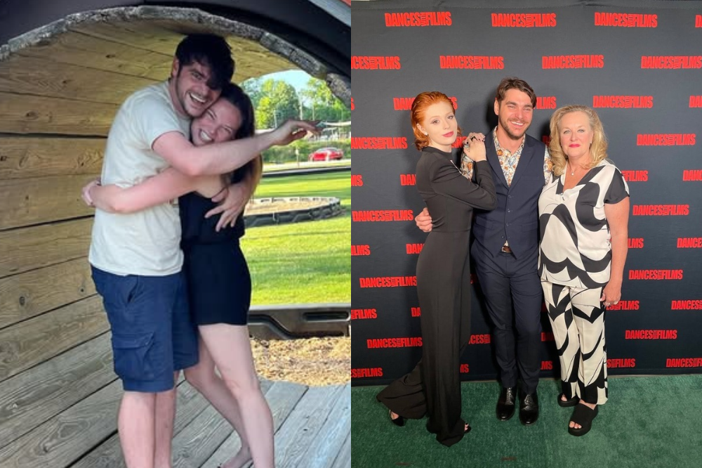 Duas fotos lado a lado. À esquerda, um homem e uma mulher jovens se abraçam sorrindo em um cenário externo. À direita, três pessoas posam em um tapete verde com fundo vermelho escrito DANCES4FILMS