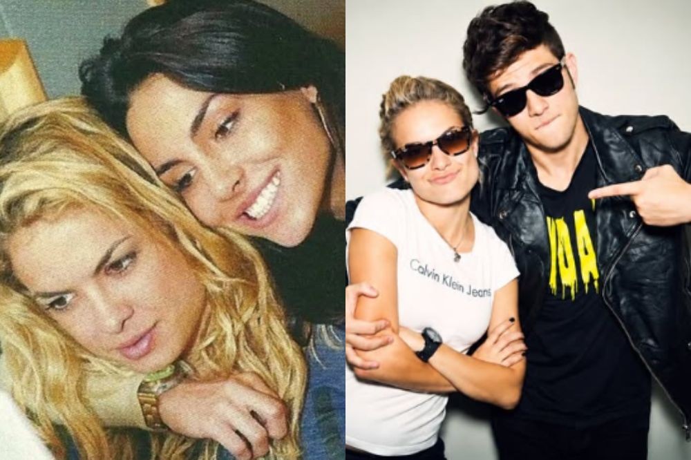 Duas fotos lado a lado. À esquerda, duas mulheres abraçadas, uma loira com expressão pensativa e outra morena sorrindo. À direita, um homem e uma mulher posam com óculos escuros, ele de jaqueta de couro preta apontando para a camiseta, ela de camiseta branca Calvin Klein com braços cruzados