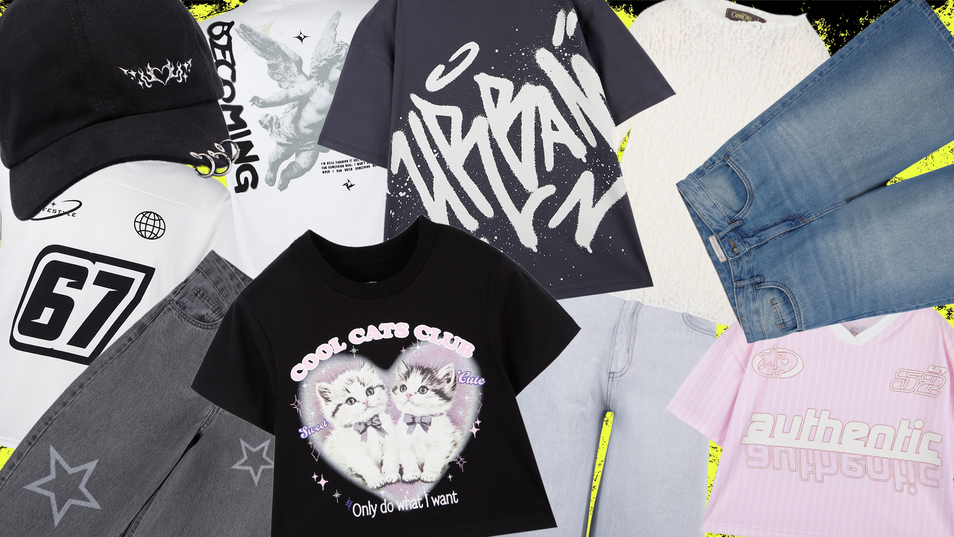Variedade de roupas juvenis, incluindo boné preto com chamas, camisetas com estampas de anjo, gatos e grafite, calças jeans e uma blusa rosa com listras e a palavra authentic